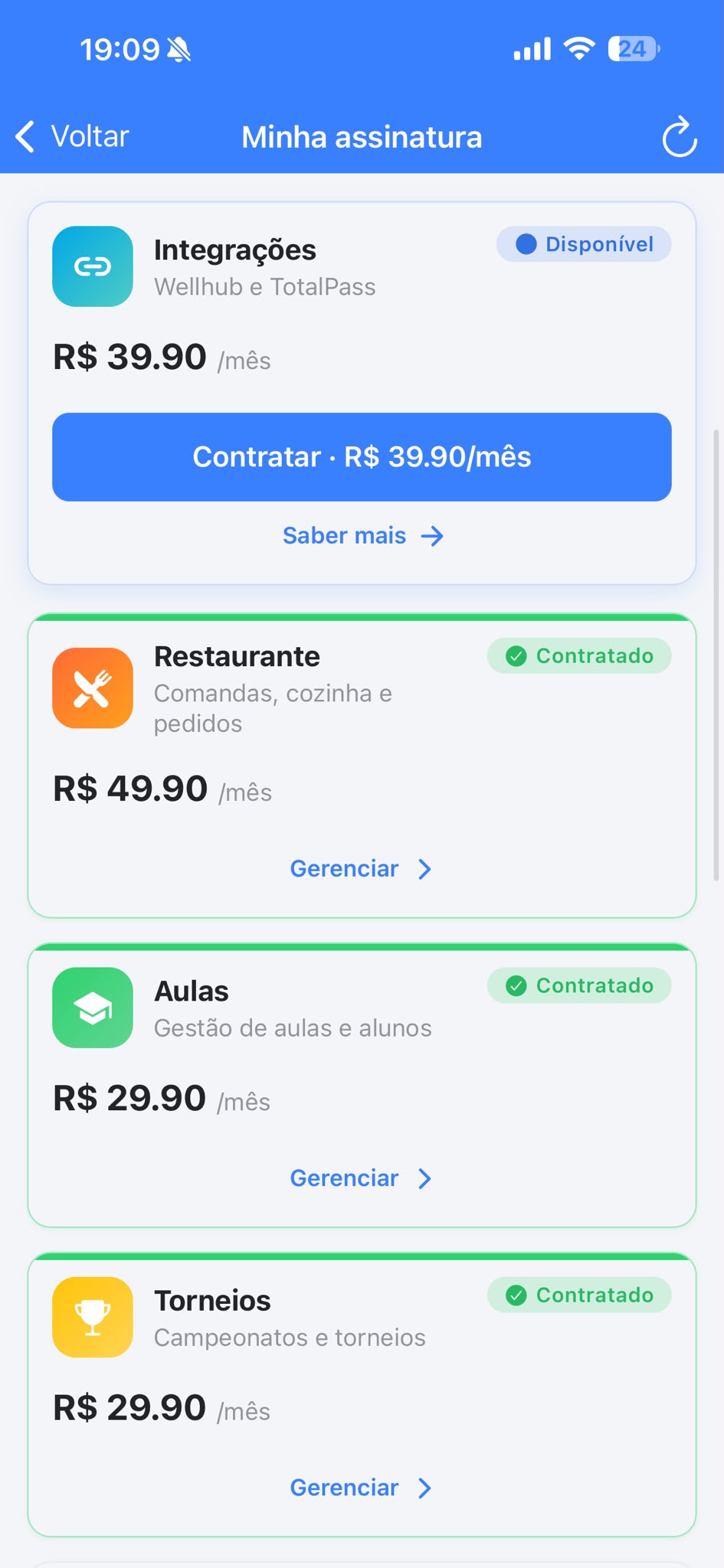Tela de módulos e assinatura do app do centro esportivo